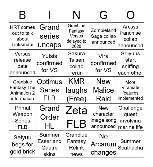 Granblue Fantasy Summer Livestream Bingo Card