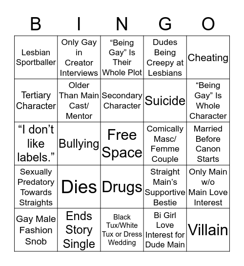 Gay Character Bingo Card