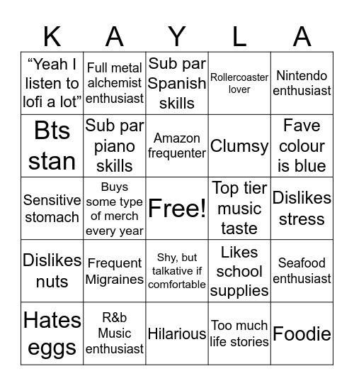 Kayla’s Bingo Card