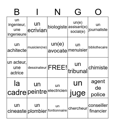 Une Profession Bingo Card