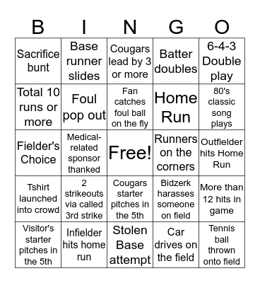 Kane County Cougars Baseball Bingo! Bingo Card