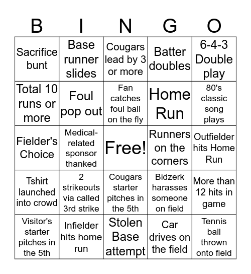 Kane County Cougars Baseball Bingo! Bingo Card