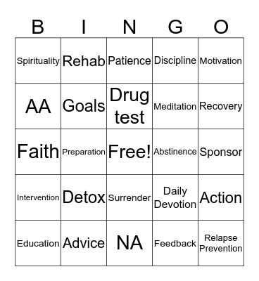 SUBSTANCE ABUSE RECOVERY BINGO Card