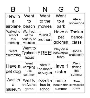 P.E. BINGO Card