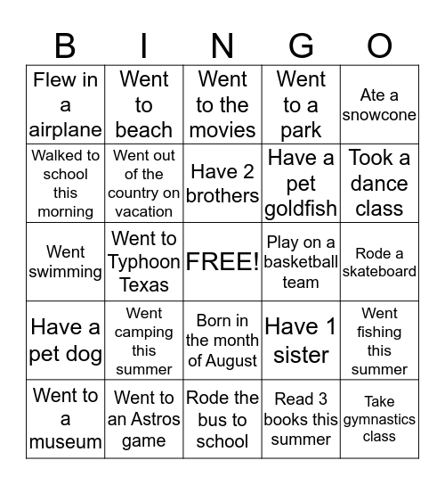 P.E. BINGO Card