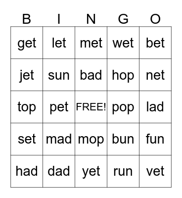 Mrs. Parman's Word Family Bingo Card