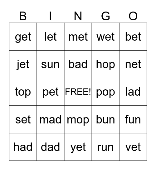 Mrs. Parman's Word Family Bingo Card