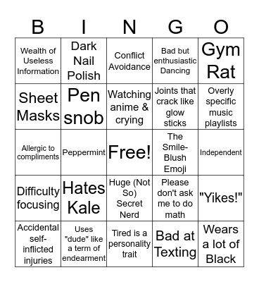 Me in a nutshell Bingo Card
