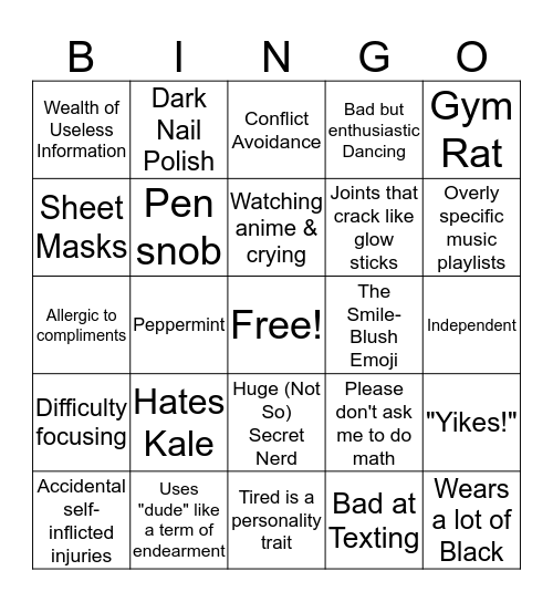 Me in a nutshell Bingo Card
