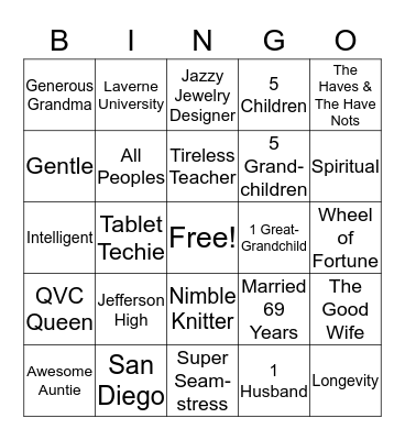 Shirley's 90th Birthday Bingo Card
