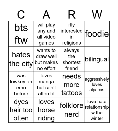 Carw Bingo Card