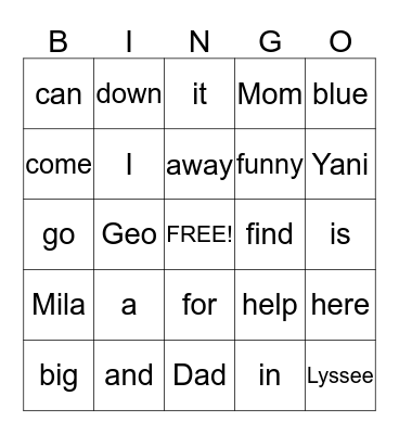1st Quarter Dolch Pre-Primer Sight Vocabulary Words  Bingo Card