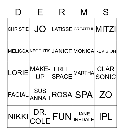 DERMS Bingo Card