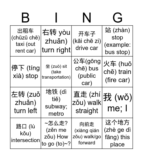 How to Go to ~? Chinese Buddy Bingo Card