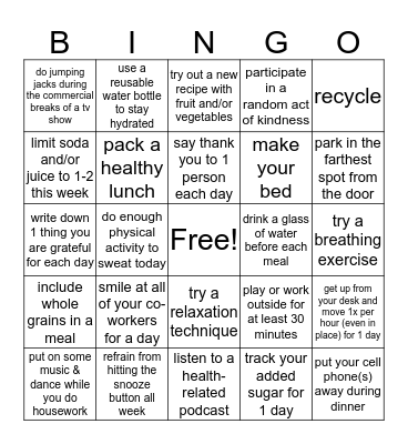 Healthy You BINGO Card Bingo Card