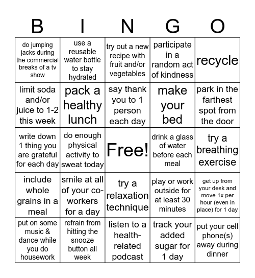 Healthy You BINGO Card Bingo Card