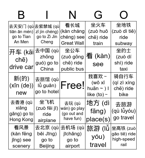 China Trip Transportation Chinese Buddy Bingo Card