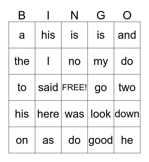 Sight words  Bingo Card