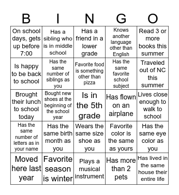 Getting To Know You Bingo Card