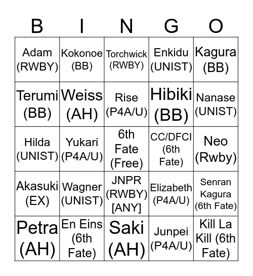 BBTAG Bingo (Prototype) Bingo Card