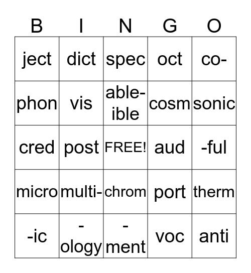 base word/prefix-suffix Bingo Card