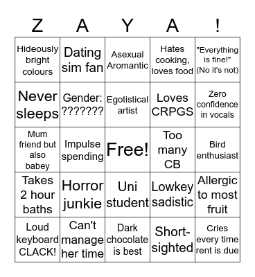 Zaya Bingo Card