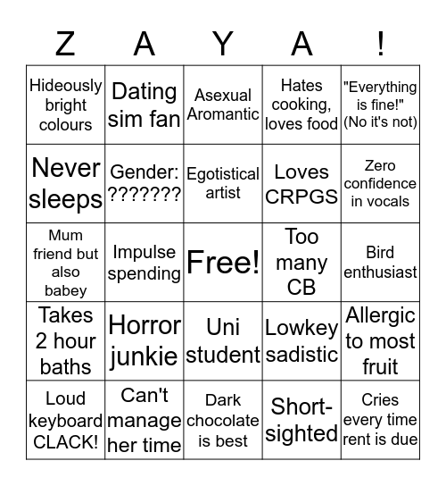 Zaya Bingo Card