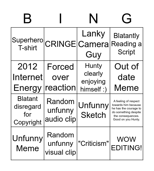 Hunty Youtube Video Bingo Card