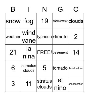 Weather Bingo Card