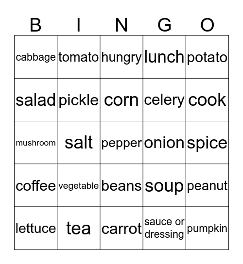 Vegetable & Food Bingo Card