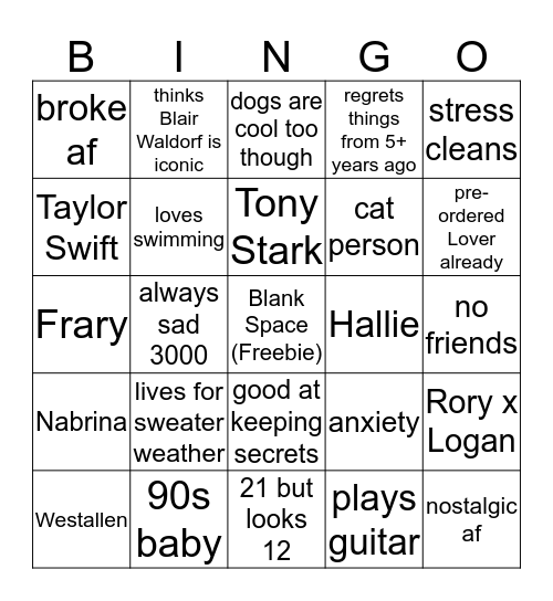 How similar are you to iloveyouspellman? Bingo Card