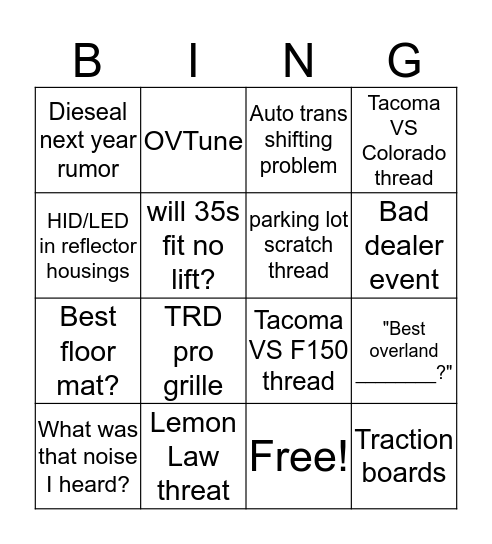 3rd gen subforum Bingo Card