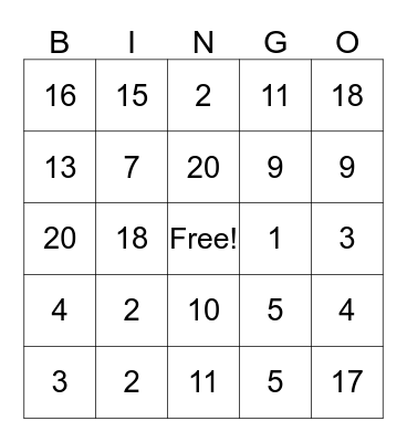 MATH IS FUN!! Bingo Card