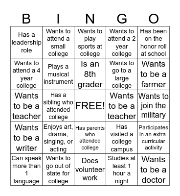 Careers Bingo Card