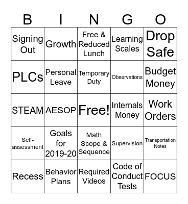 WNPS Staff Training BINGO Card