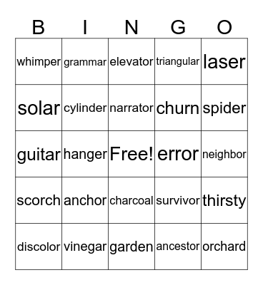 R controlled words Bingo Card