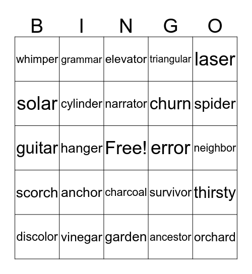 R controlled words Bingo Card