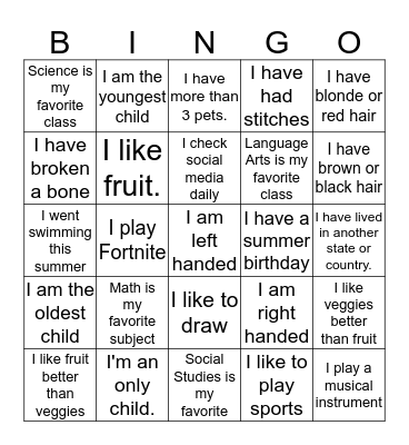 Get to Know Our Class Bingo Card