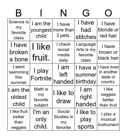 Get to Know Our Class Bingo Card