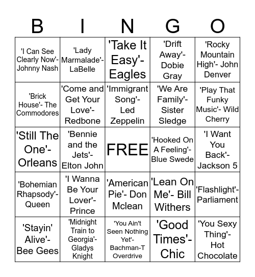 70's Hits Bingo Card