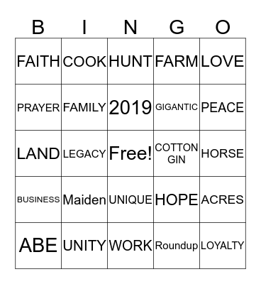Maiden Family Reunion Roundup 2019 Bingo Card