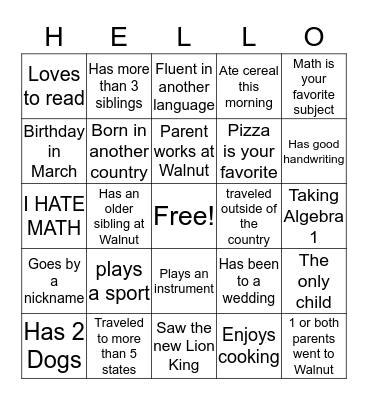 Getting to Know Your Classmates Bingo Card