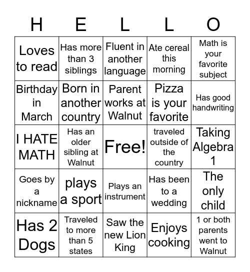 Getting to Know Your Classmates Bingo Card