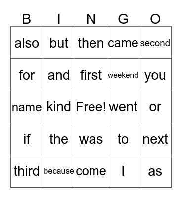 Sight Words Bingo Card