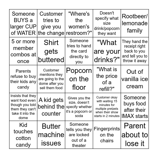 Concessions Bingo Card