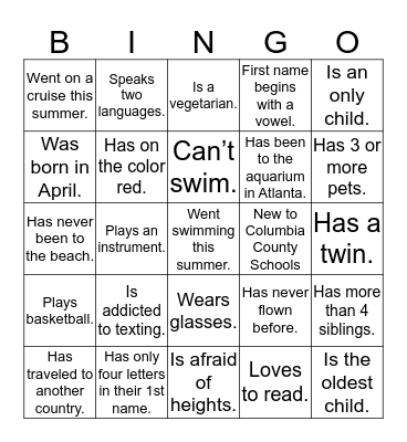First Day Scavenger Hunt Bingo Card