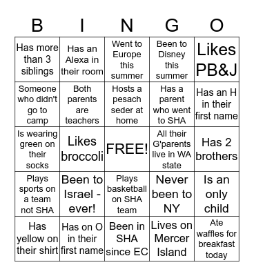 Back to School BINGO Card