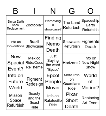 D23 2019 Expo EPCOT Bingo Card