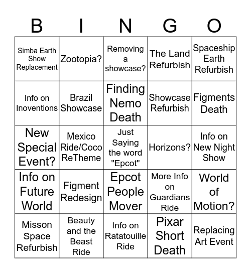 D23 2019 Expo EPCOT Bingo Card