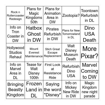 D23 2019 Expo DisneyLand/World Bingo Card